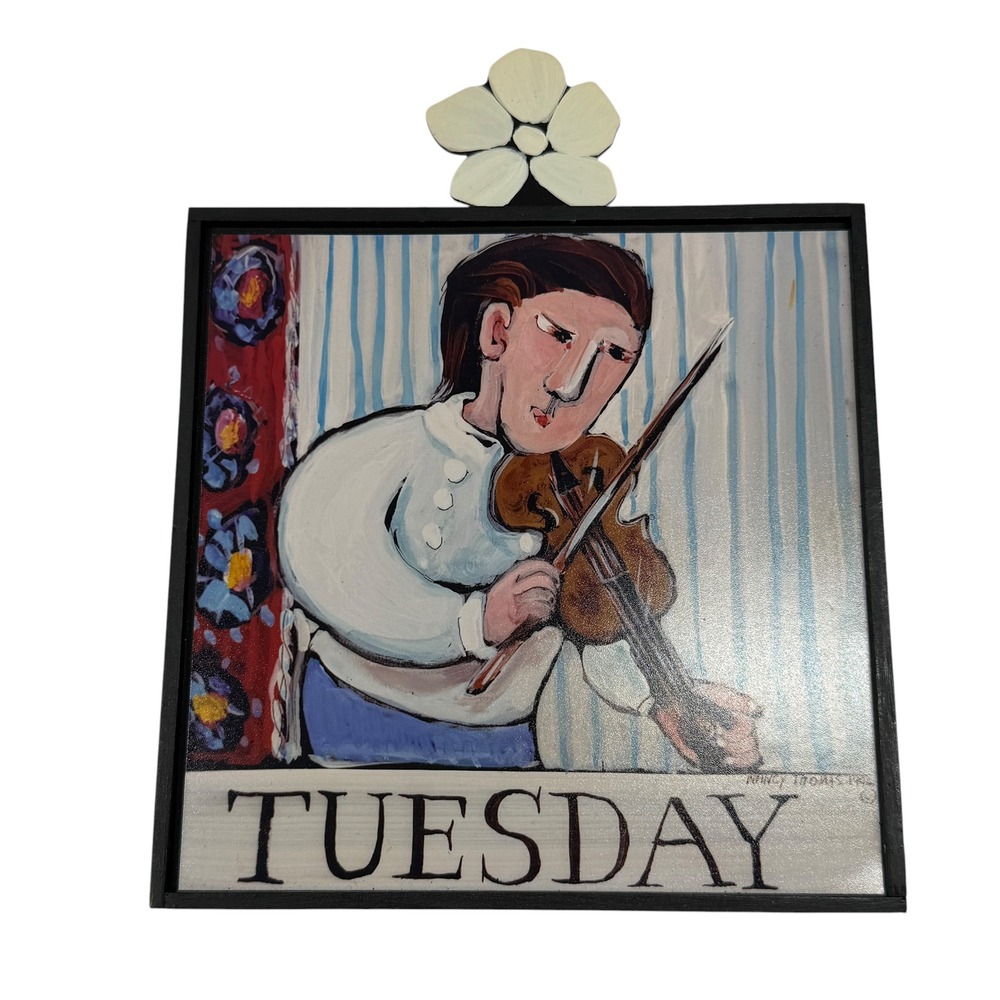 Nancy Thomas Tuesday Violinist Folk Art Plaque Flower Topper 2003 Yorktown VA